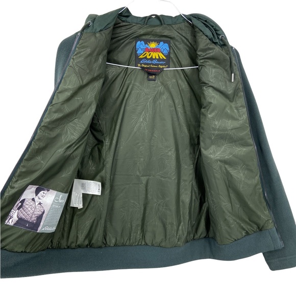 EDDIE BAUER Down Jacket Remake of 1944 Swiss Jacket Green Puffer Hood - Picture 3 of 5